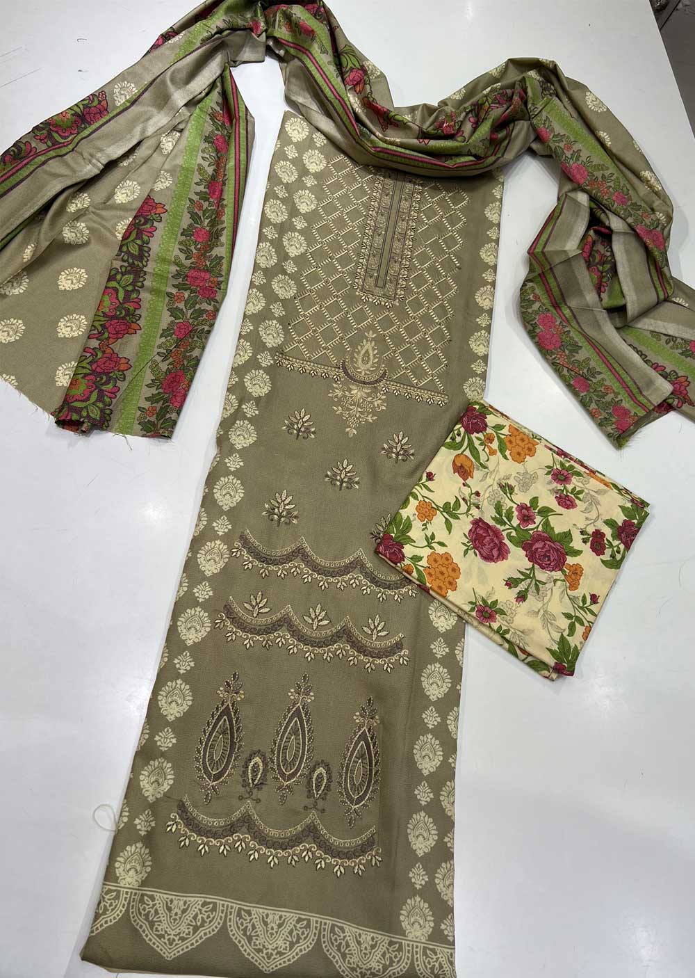 SHN213 Unstitched Embroidered Dhanak Suit - Memsaab Online