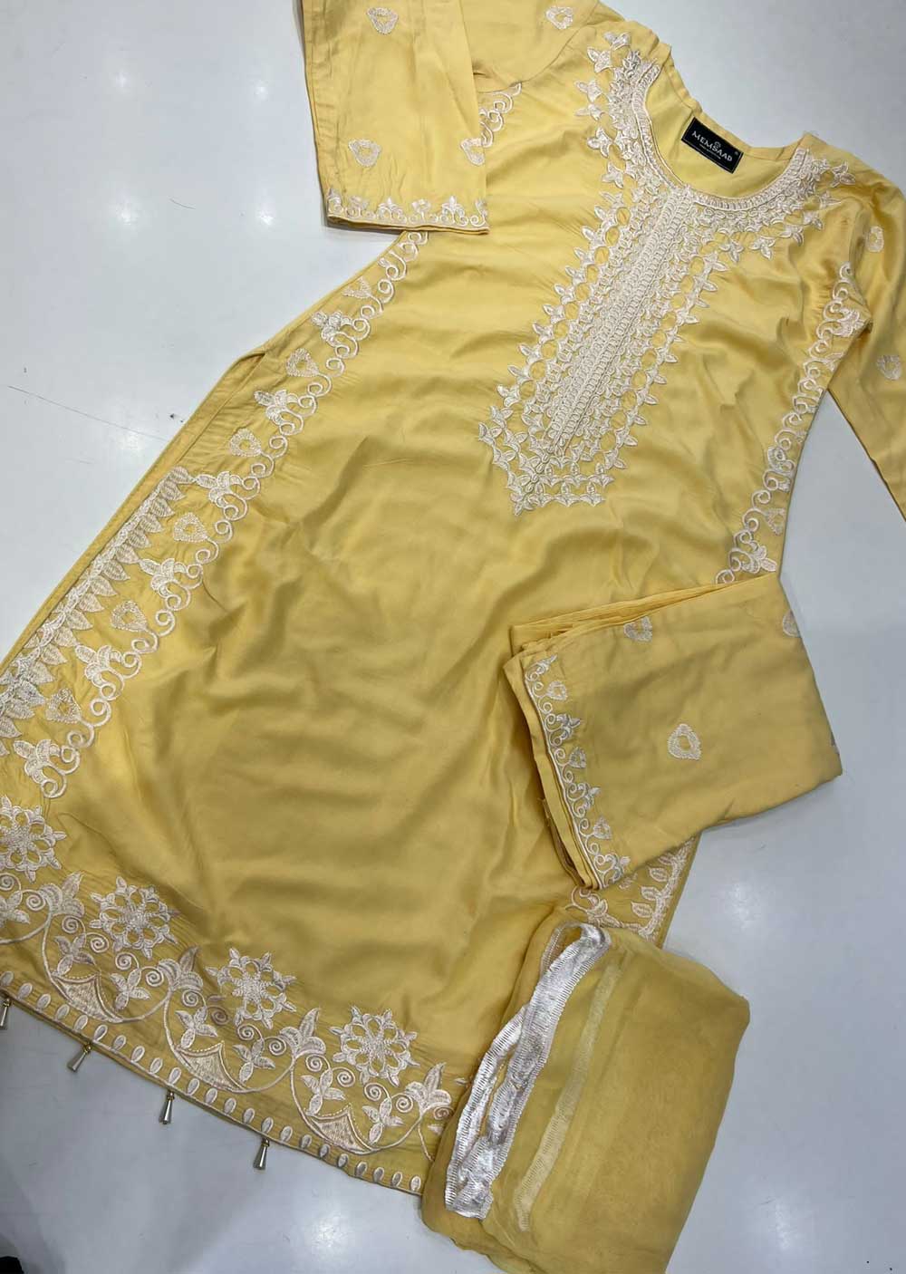 HK203 Sayasra Readymade Yellow Linen Suit - Memsaab Online