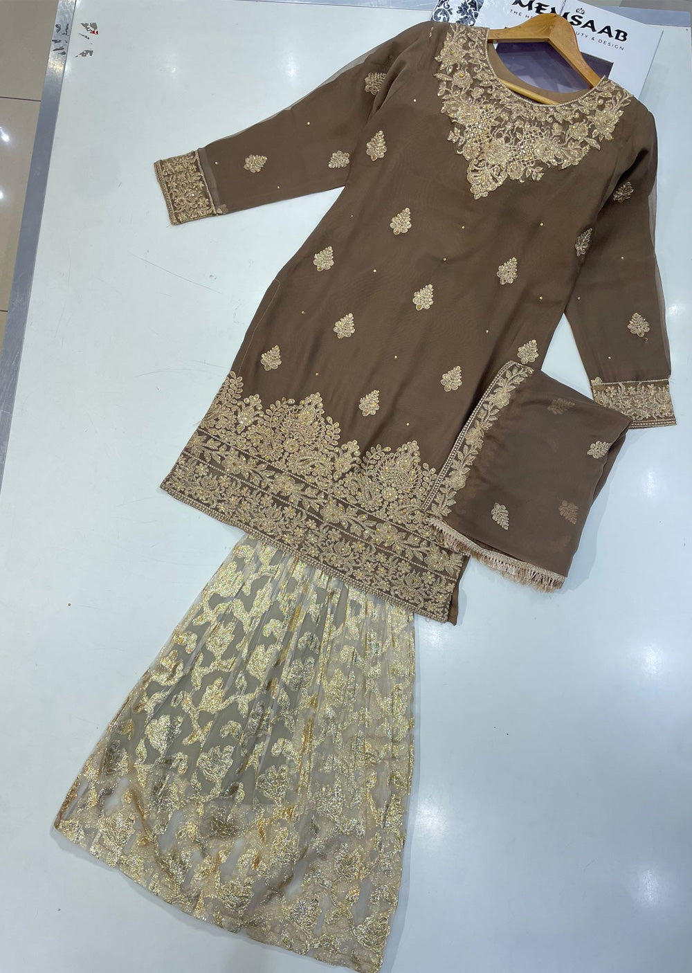 NR8211 Readymade Brown Chiffon Suit - Memsaab Online