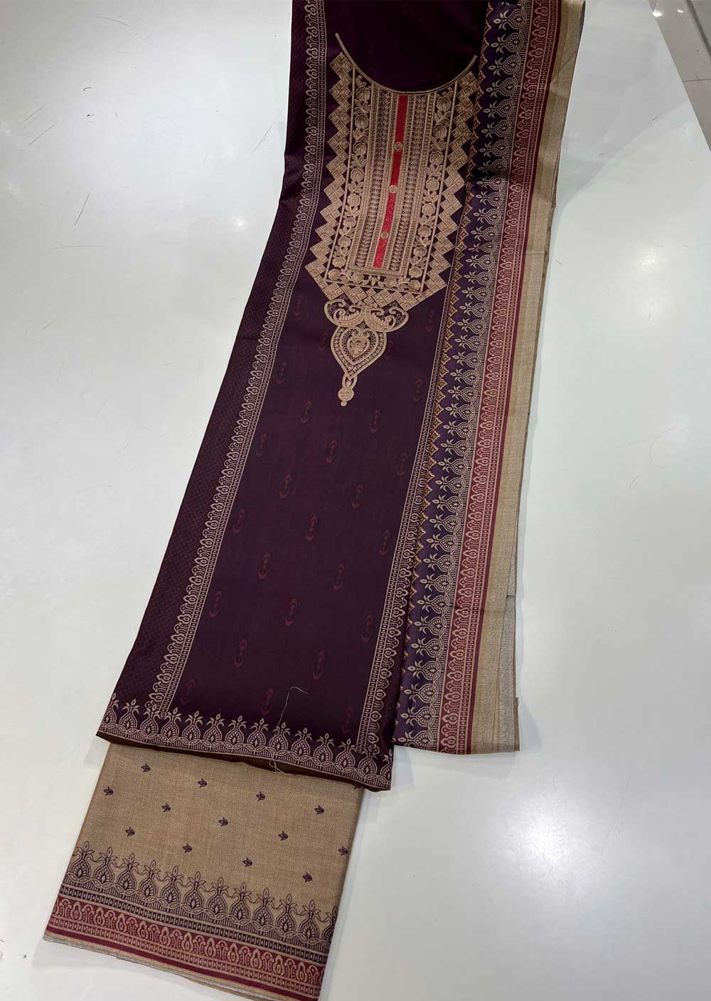 SHN215 Unstitched Embroidered Dhanak Suit - Memsaab Online