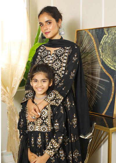 HK141 Diamond Black Readymade Mother & Daughter Linen Dress - Memsaab Online