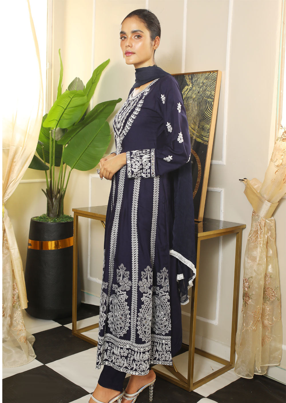 HK137 Samera Blue Readymade Linen Suit - Memsaab Online