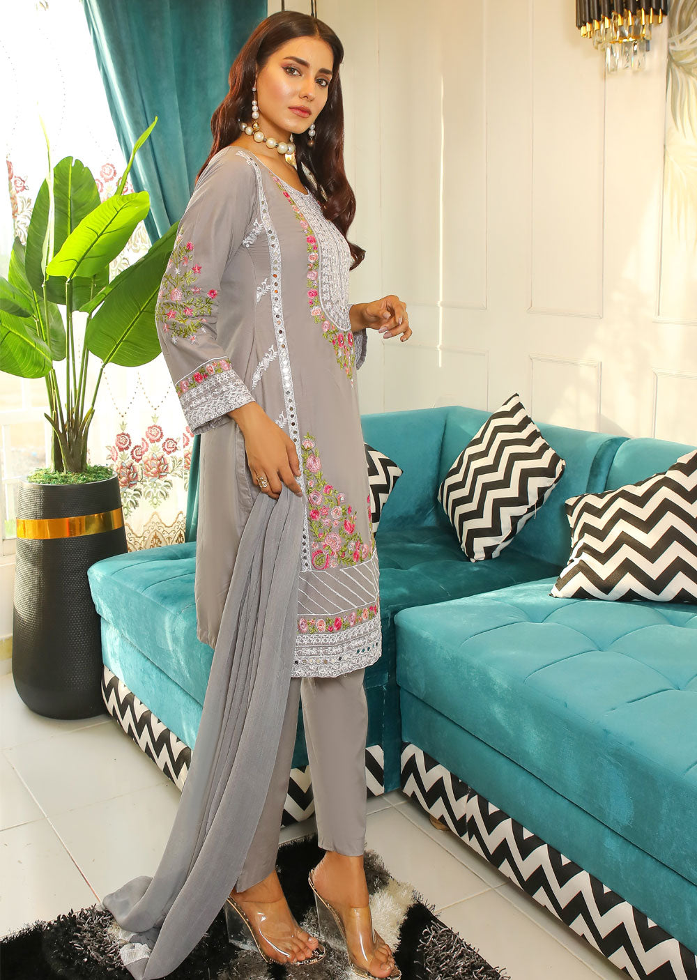 HK145 Marwa Grey Readymade Linen Suit - Memsaab Online
