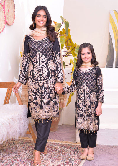 HK129 Givani Black Readymade Mirror Mother & Daughter Suit - Memsaab Online