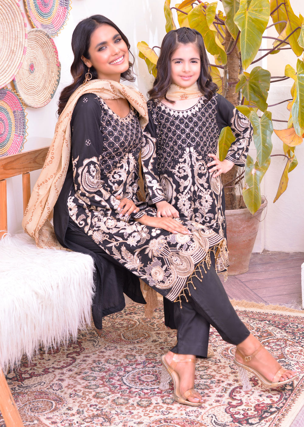 HK129 Givani Black Readymade Mirror Mother & Daughter Suit - Memsaab Online