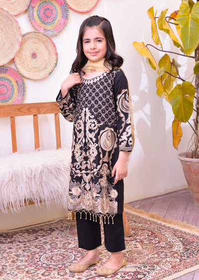 HK129 Givani Black Readymade Mirror Mother & Daughter Suit - Memsaab Online