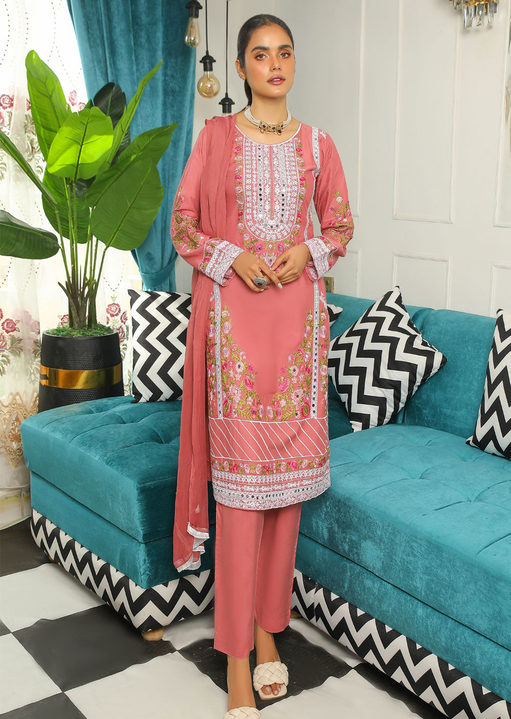 HK145 Marwa Salmon Pink Readymade Linen Suit - Memsaab Online