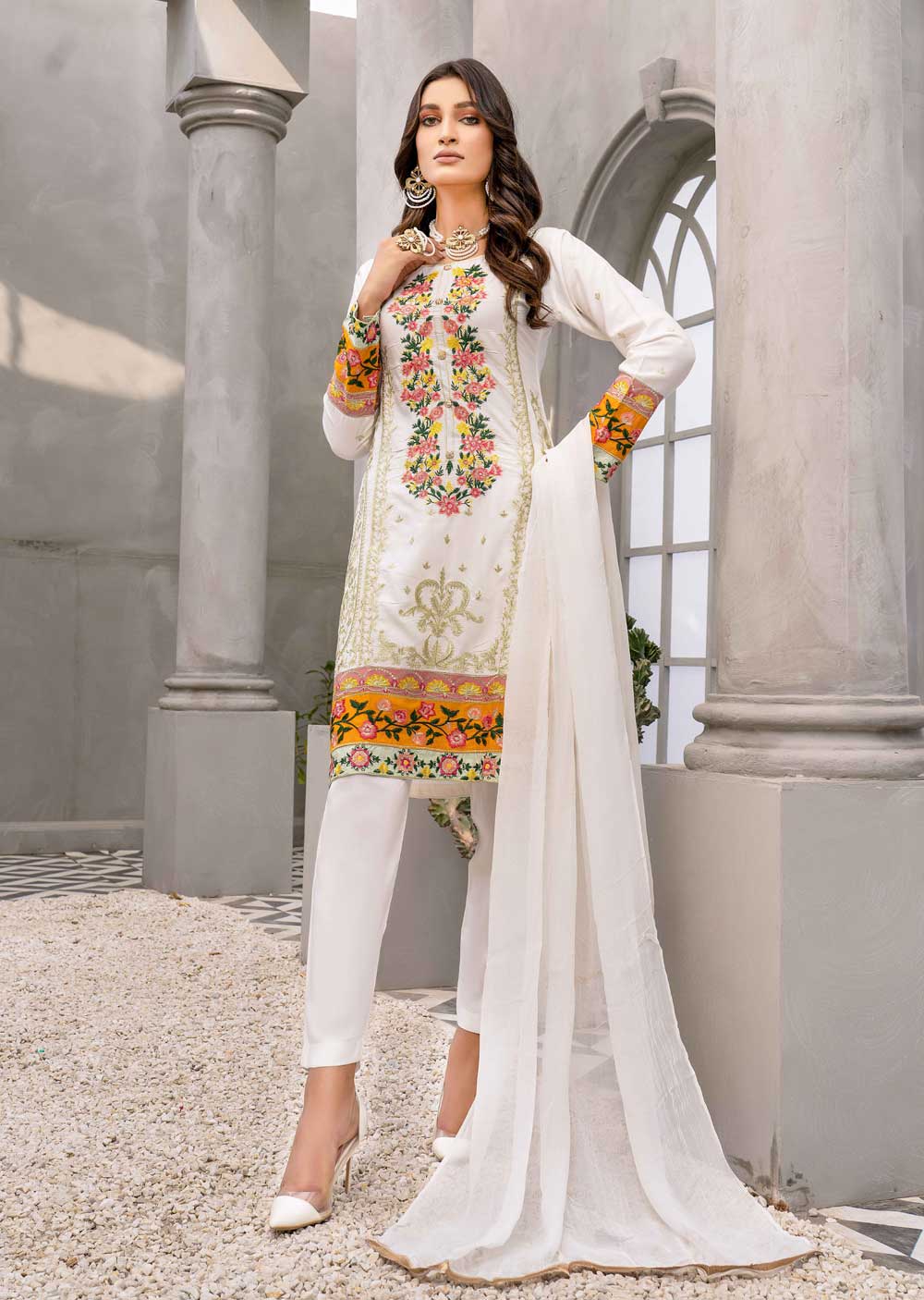 HK150 Rohnak White Readymade Linen Suit - Memsaab Online