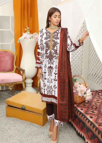 AMT37001 White/brown Readymade Lawn Suit - Memsaab Online