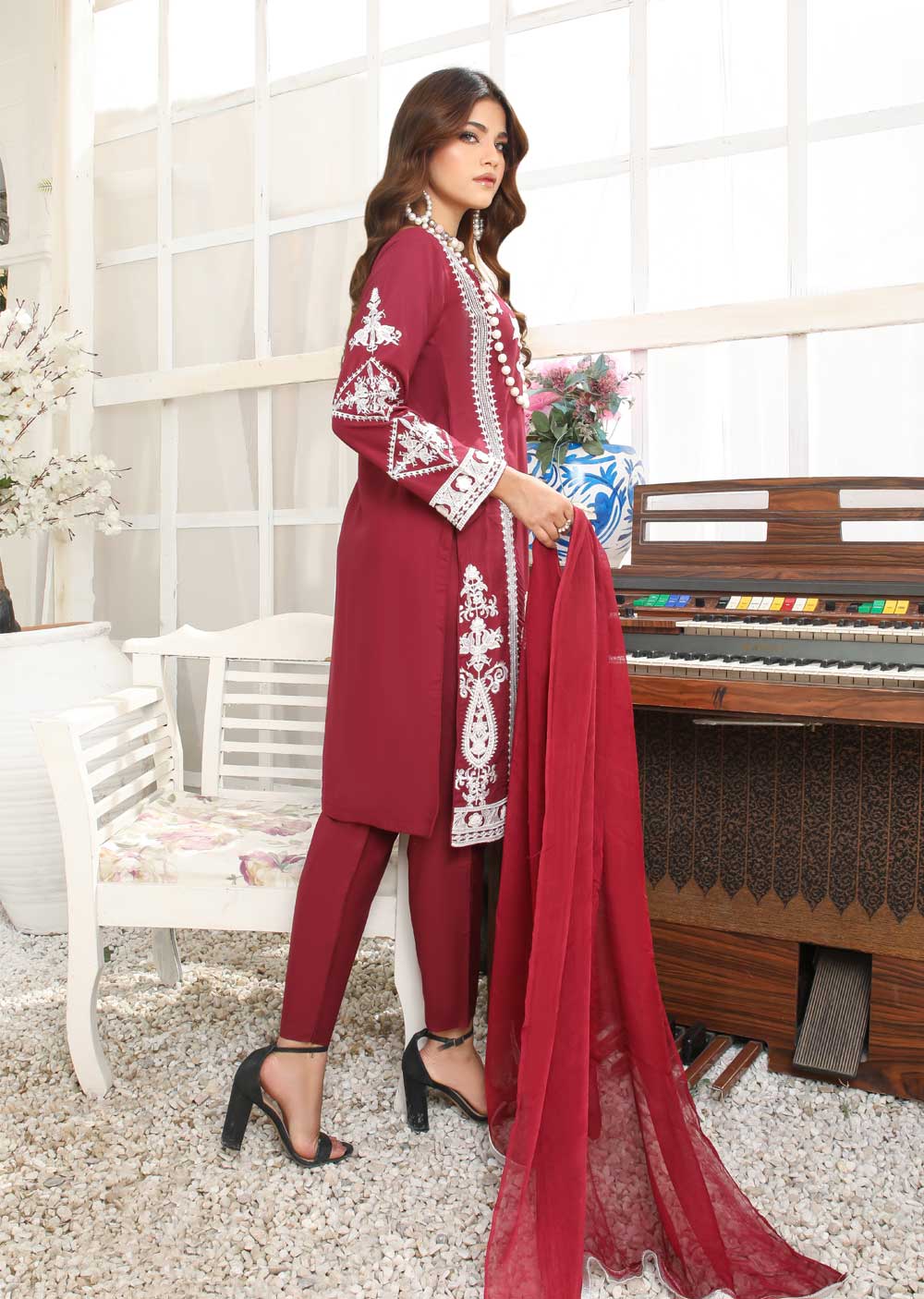 HK156 Lazza - Readymade Maroon Linen Suit - Memsaab Online