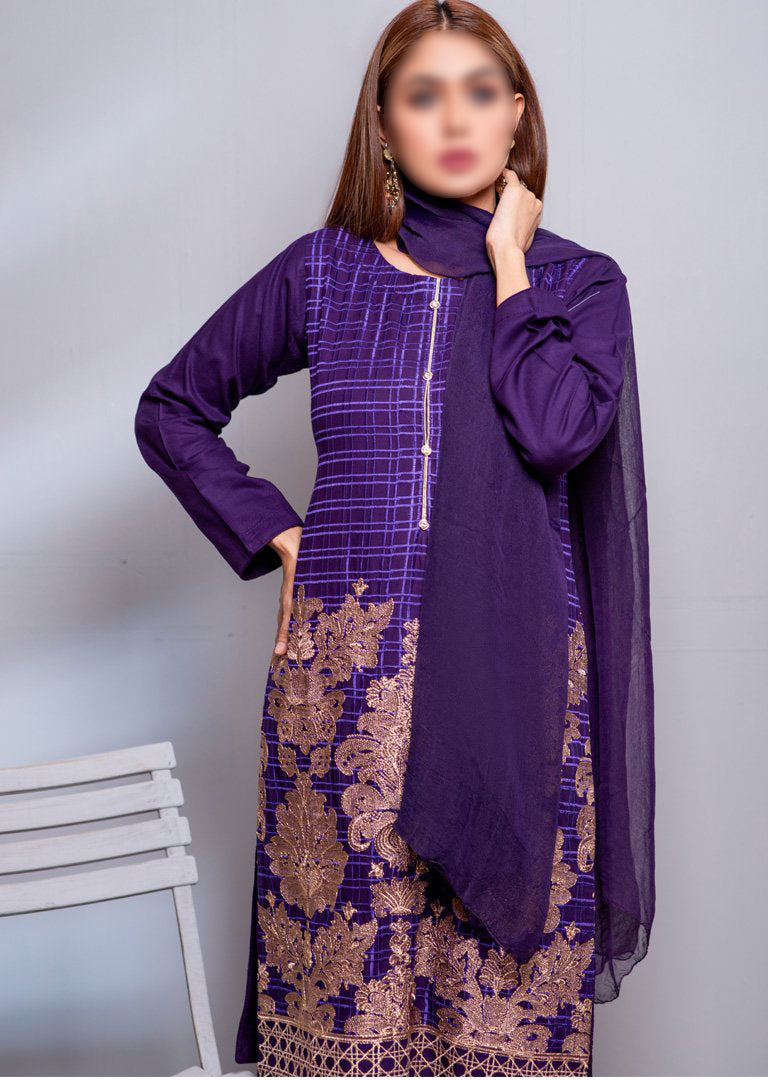 HK07 Readymade Purple Embroidered Linen Suit - Memsaab Online