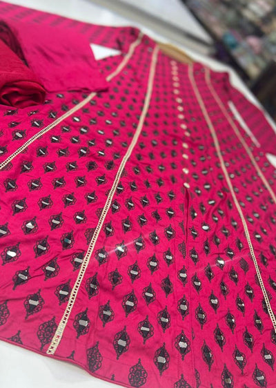 HK59 Sheesha - Hot Pink Linen Mother & Daughter Mirror Suit - Memsaab Online