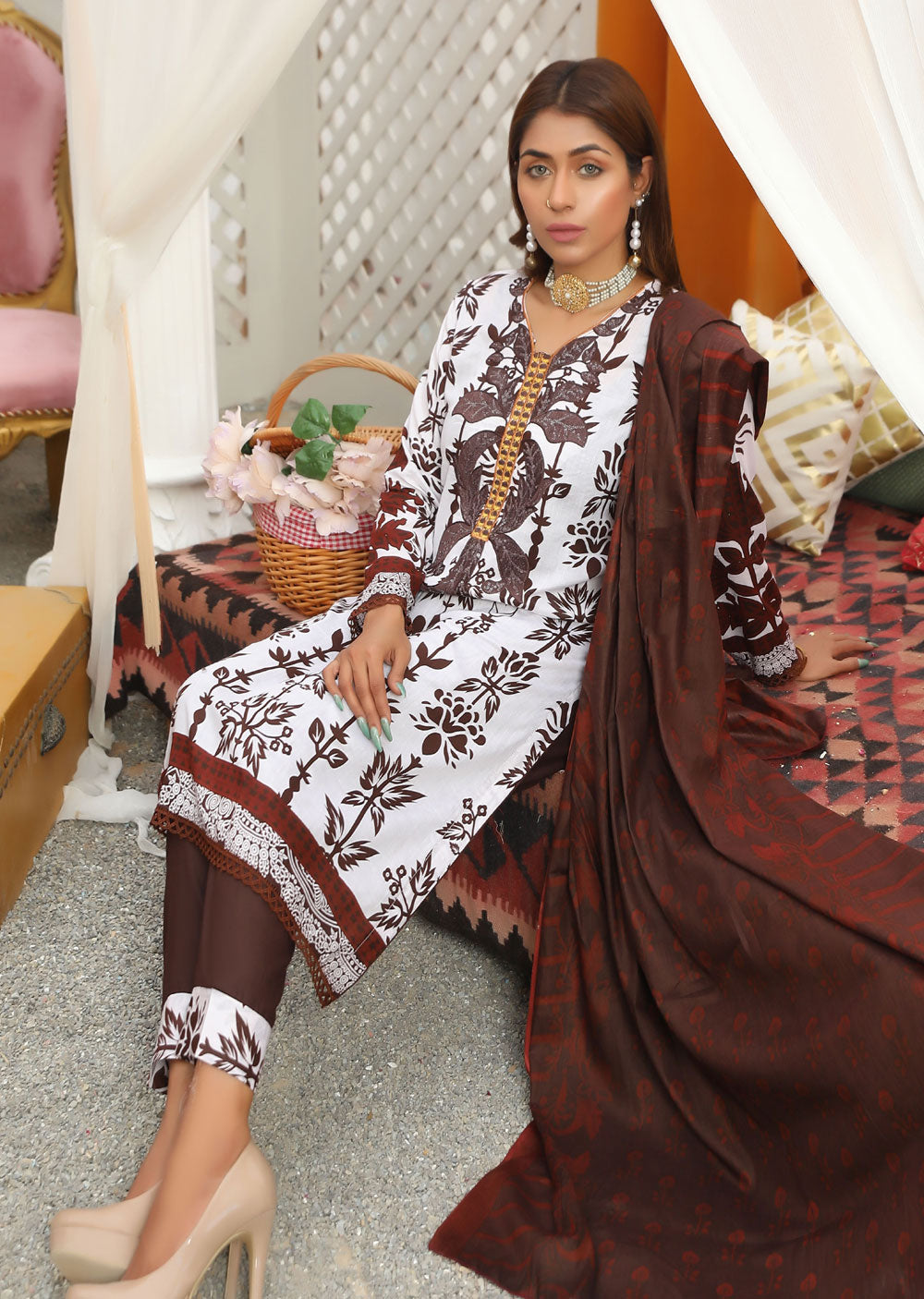 AMT37001 White/brown Readymade Lawn Suit - Memsaab Online
