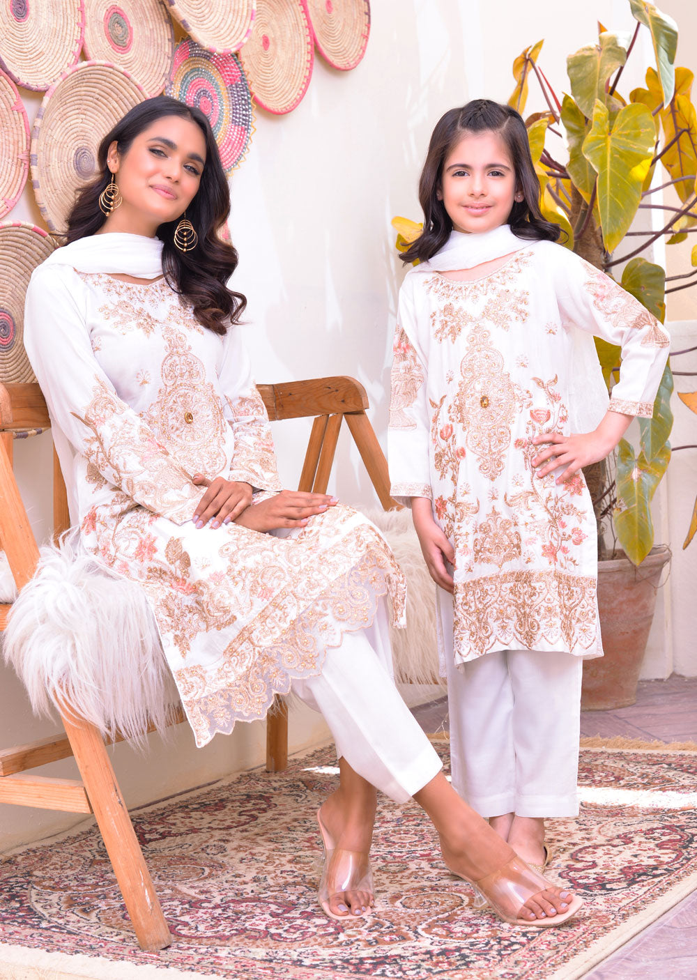 HK128 Rahat White Readymade Mother & Daughter Suit - Memsaab Online