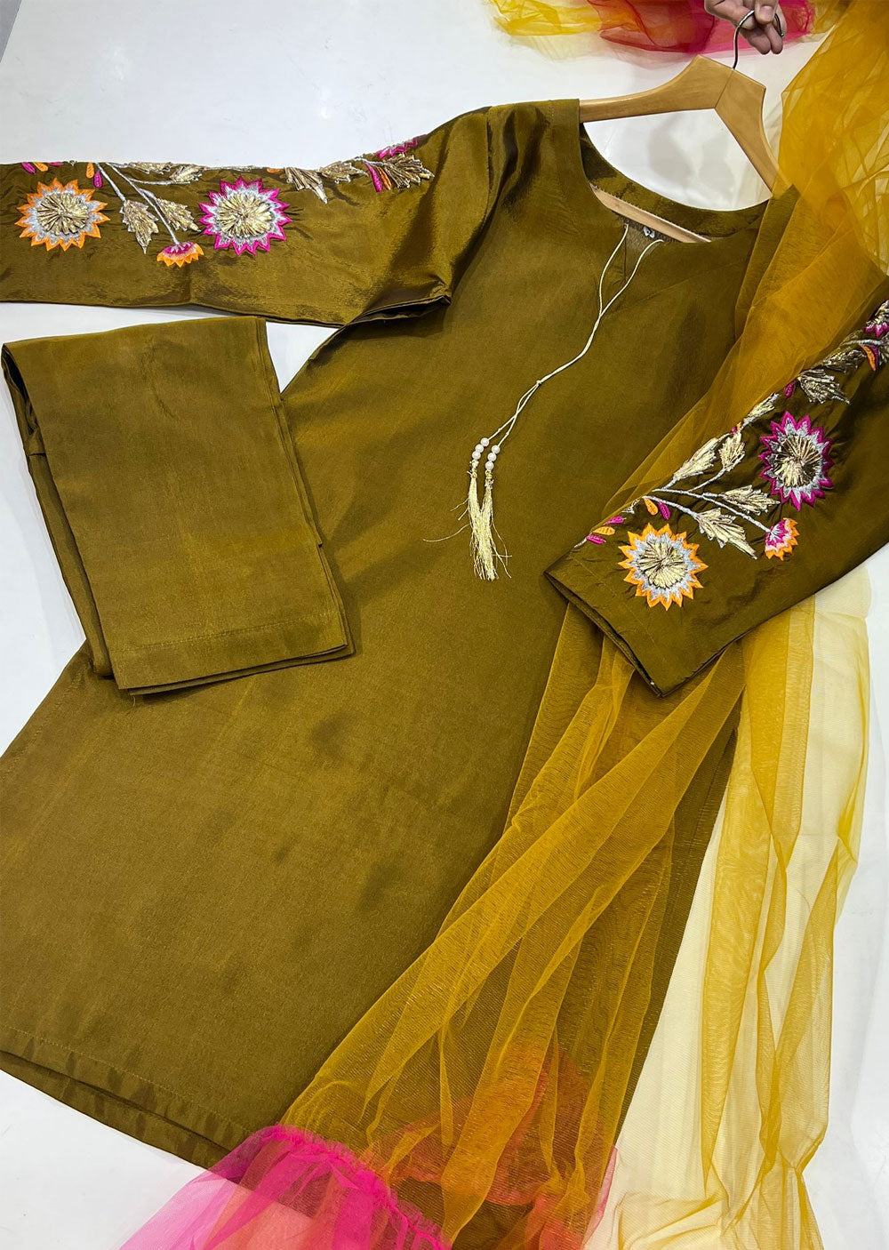 DX6228 Readymade Mendhi Silk Suit - Memsaab Online