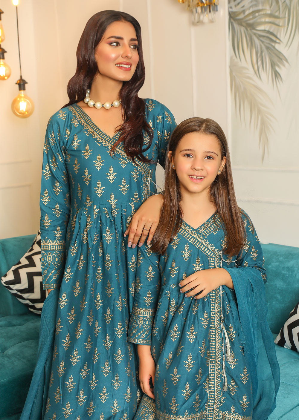 HK143 Giselle Teal Readymade Mother & Daughter Suit - Memsaab Online