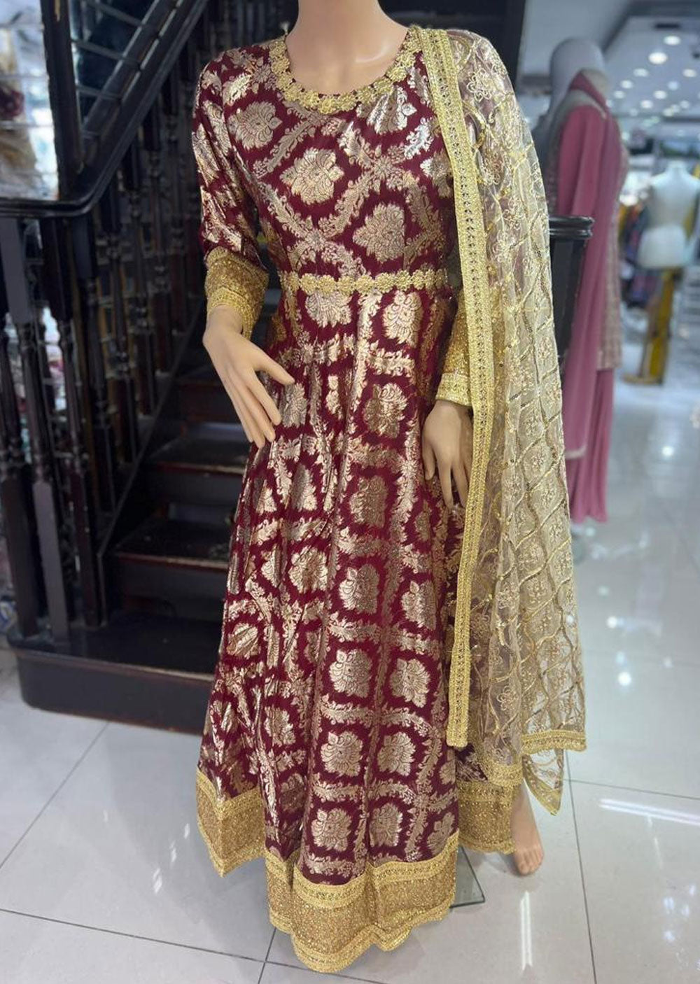 DD503 Maroon Readymade Net 2 Piece Suit - Memsaab Online