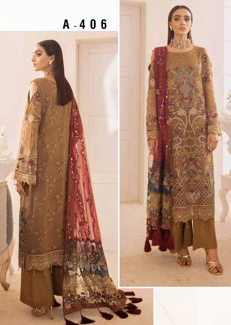 A-406R - Readymade - Ramsha Chevron Chiffon Suit - Memsaab Online