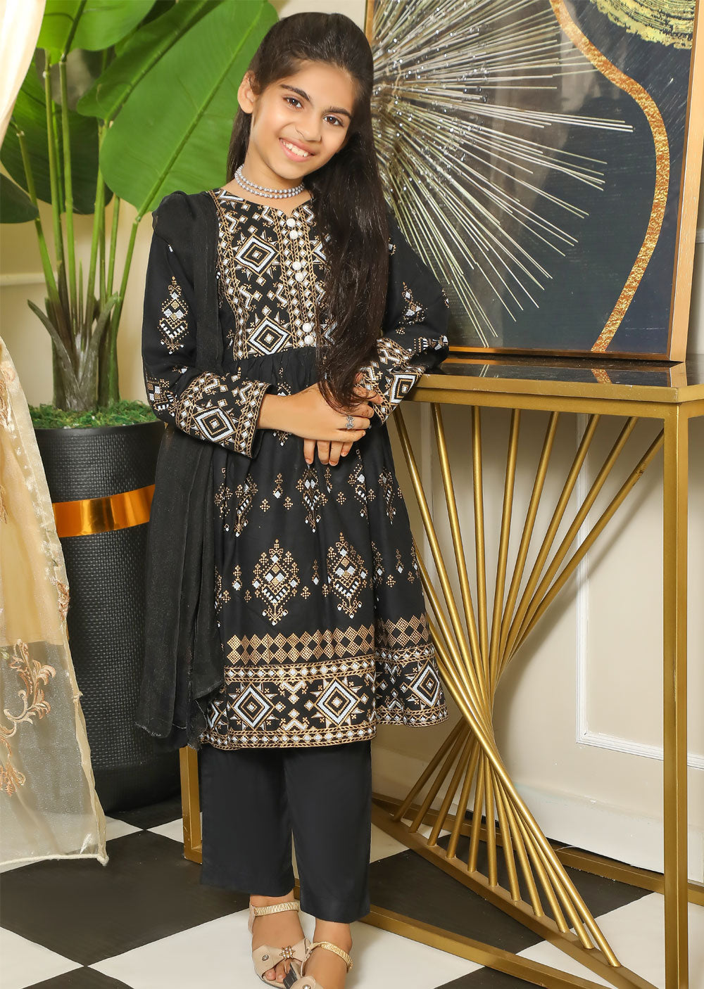 HK141 Diamond Black Readymade Mother & Daughter Linen Dress - Memsaab Online