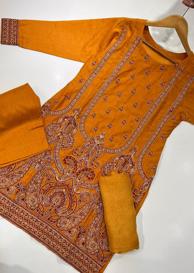 HOR04 Yellow Hoorain Jaquard Lawn Suit - Memsaab Online