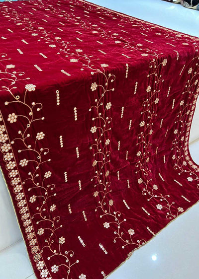DXV505 Red Embroidered Velvet Shawl - Memsaab Online