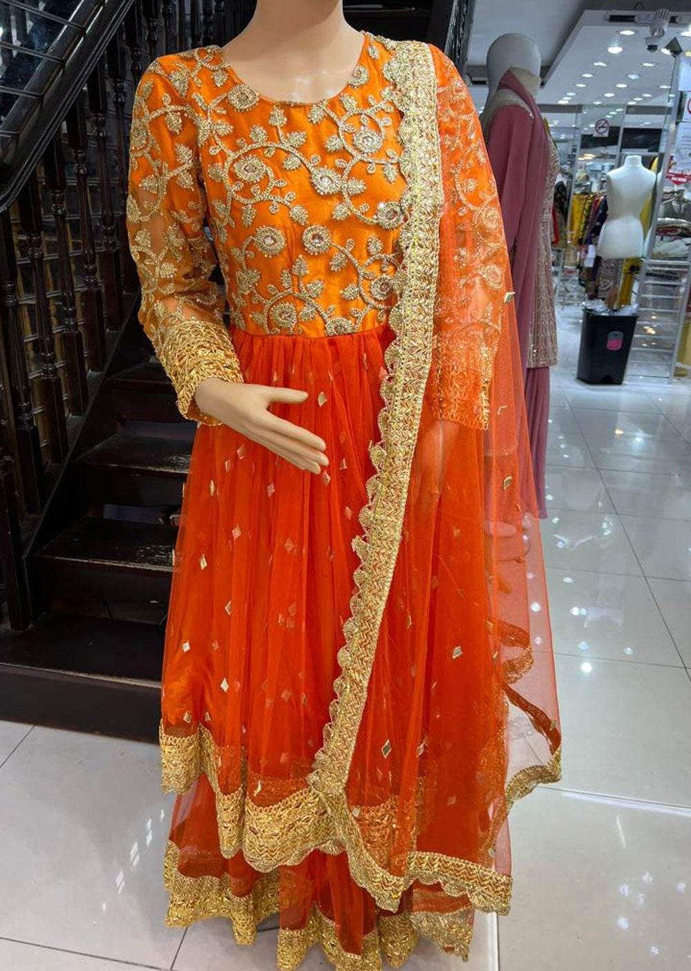 DD505 Orange Readymade Net Dress - Memsaab Online