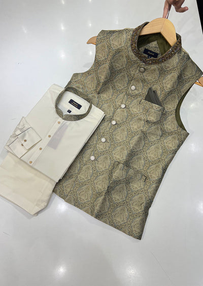 MW-05 - Ready To Wear - Mens 3 piece Salwar Kameez Waist coat set - Memsaab Online