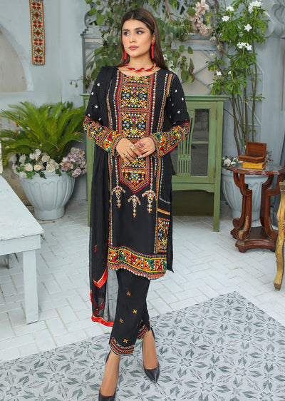 HK148 Afghani Black Readymade Linen Suit - Memsaab Online