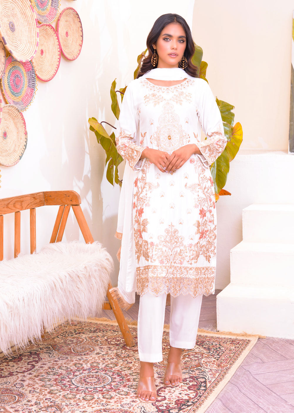 HK128 Rahat White Readymade Mother & Daughter Suit - Memsaab Online