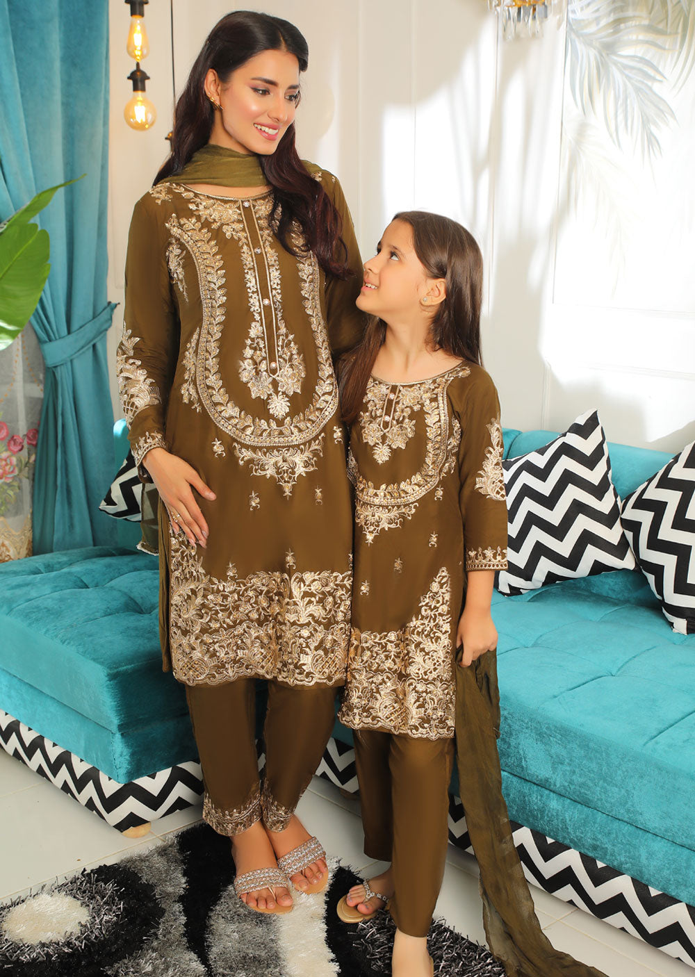 HK126 Habiba Olive Readymade Mother & Daughter Suit - Memsaab Online