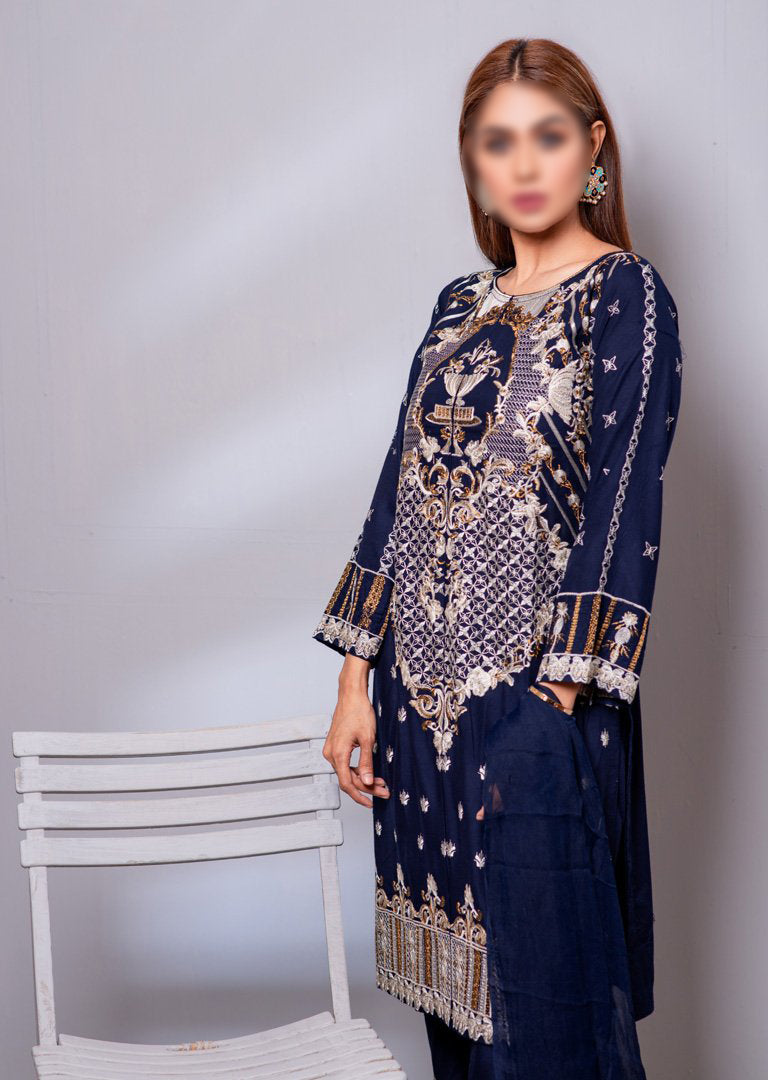 HK30 Readymade Navy Embroidered Linen Suit - Memsaab Online