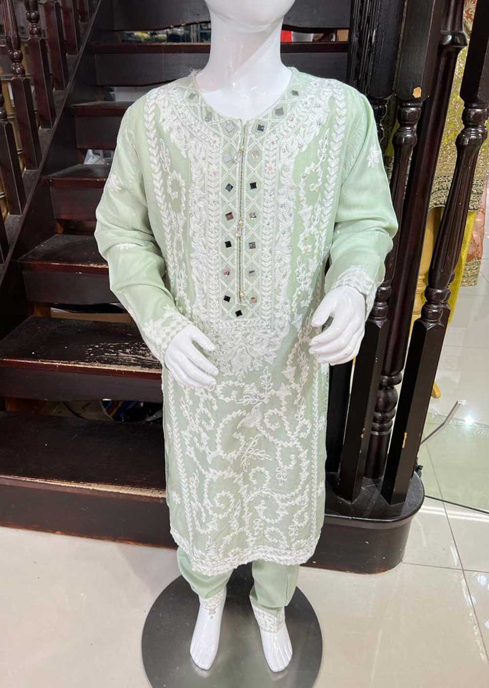 RGZ623 Green Linen Readymade Mother & Daughter Suit - Memsaab Online