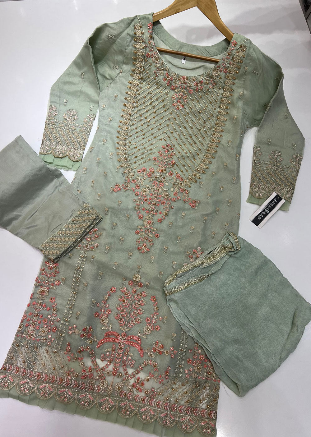 RGZ688 Green Organza Readymade Suit - Memsaab Online