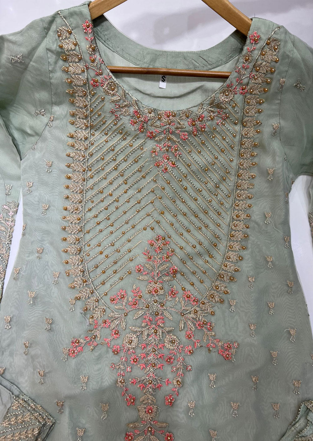 RGZ688 Green Organza Readymade Suit - Memsaab Online