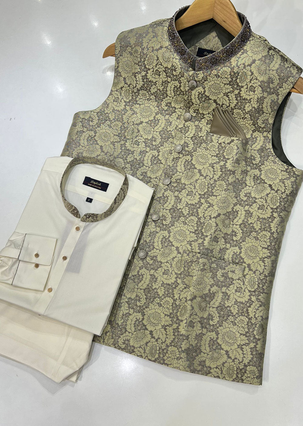 MW-06 - Ready To Wear - Mens 3 piece Salwar Kameez Waist coat set - Memsaab Online