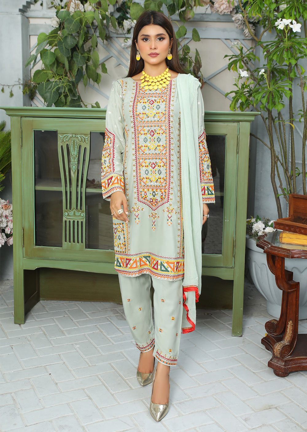 HK148 Afghani Mint Readymade Linen Suit - Memsaab Online
