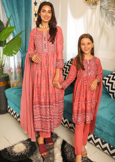 HK141 Diamond Pink Readymade Mother & Daughter Linen Dress - Memsaab Online