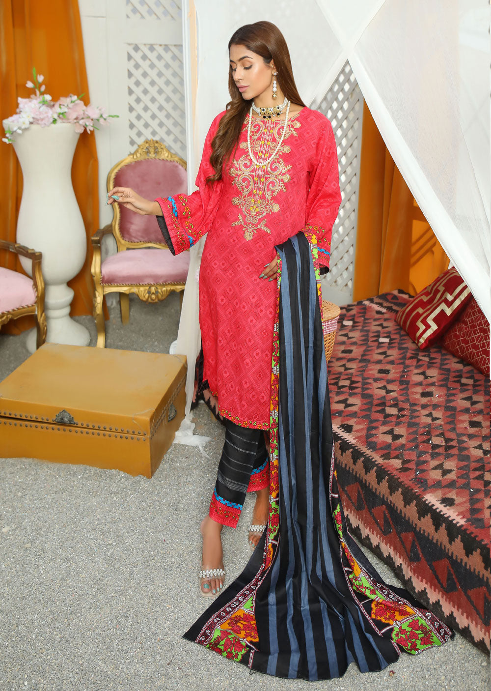 AMT37004 Red Readymade Lawn Suit - Memsaab Online