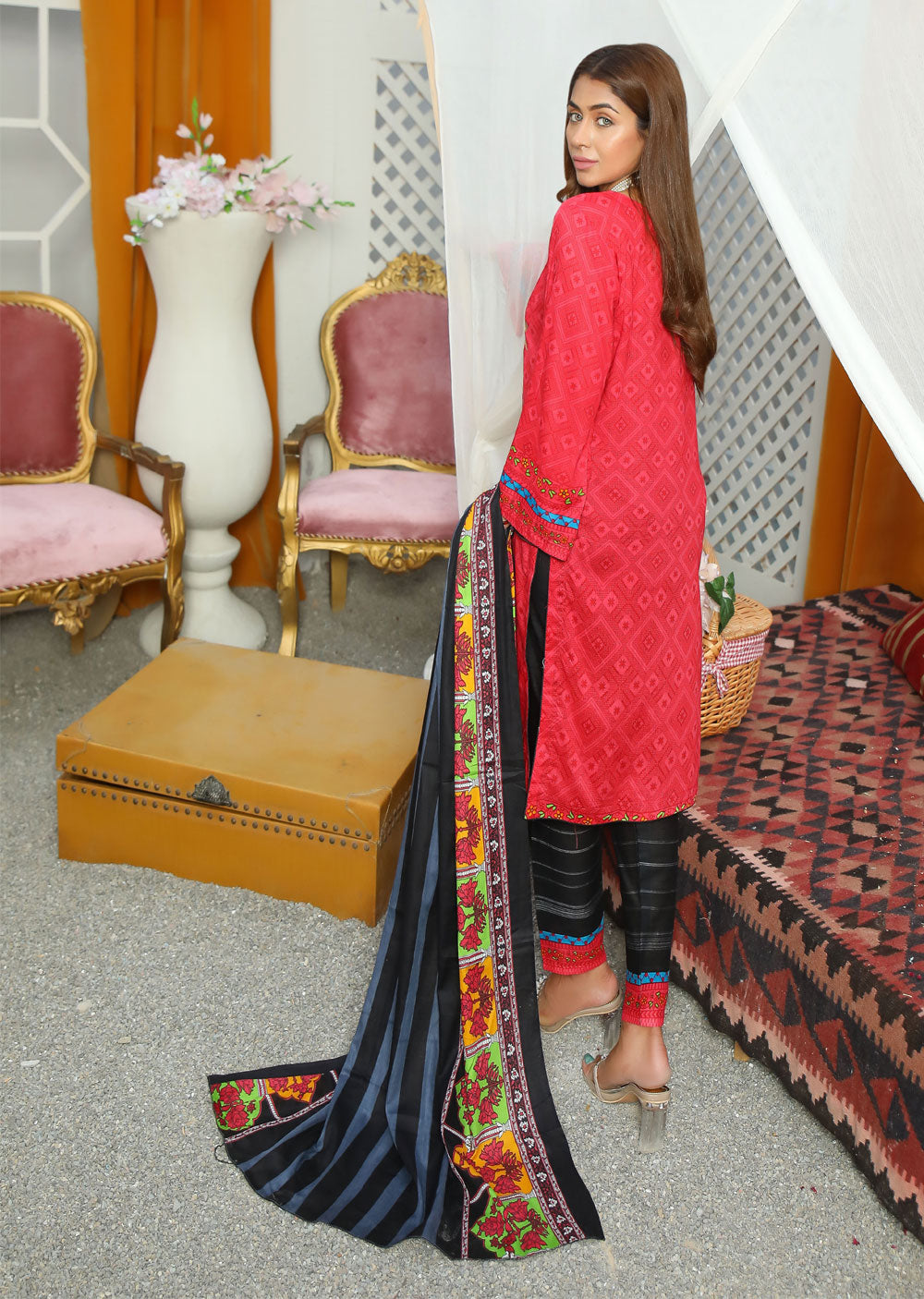 AMT37004 Red Readymade Lawn Suit - Memsaab Online