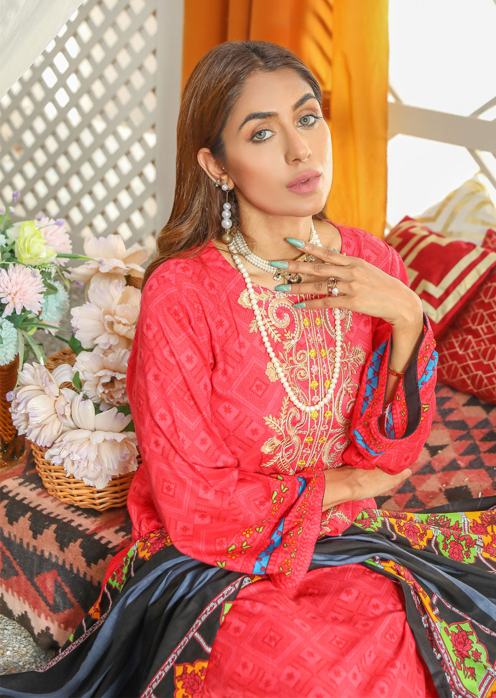 AMT37004 Red Readymade Lawn Suit - Memsaab Online