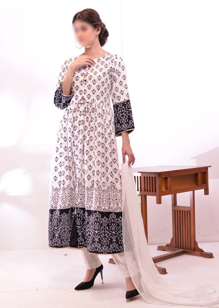 HK51 Mother & Daughter White Block Print Linen Dress - Memsaab Online