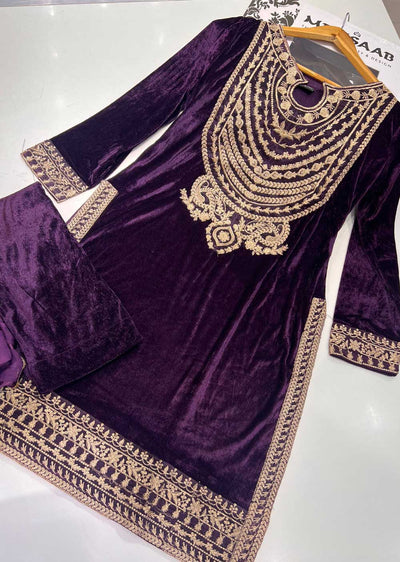 RGZ801 Purple Readymade Velvet Suit - Memsaab Online