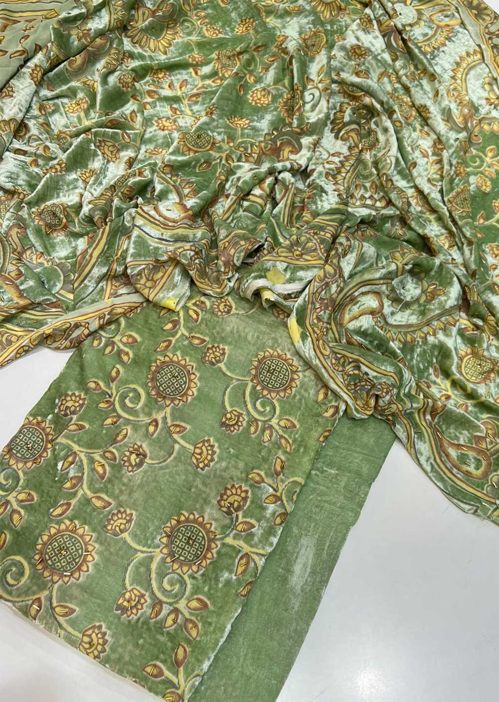 MP808 Mint Green Unstitched Velvet Palachi Suit - Memsaab Online