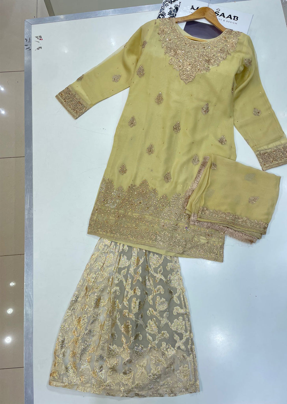 NR8211 Readymade Gold Chiffon Suit - Memsaab Online