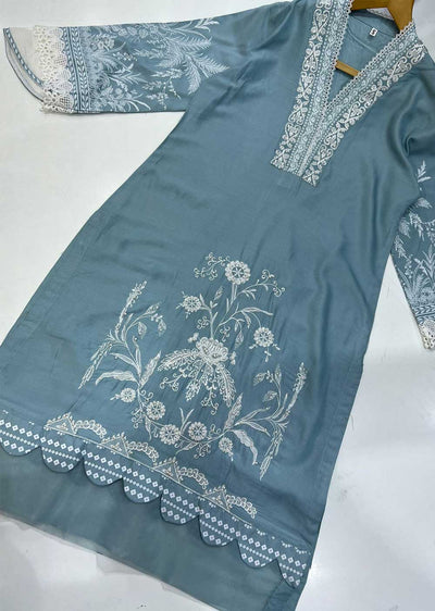 RGZ840 Light Blue Embroidered Linen Kurti - Memsaab Online