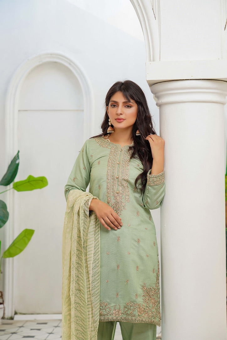 KLD126 Mint Readymade Winter Cotton Net Suit - Memsaab Online