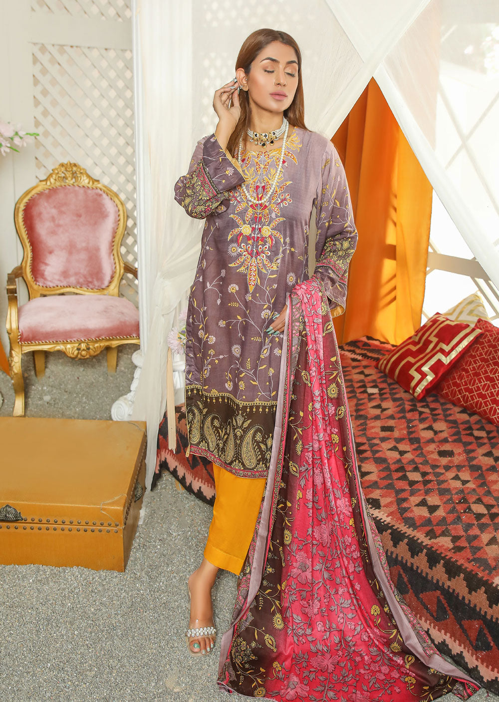 AMT37006 Lilac Readymade Lawn Suit - Memsaab Online