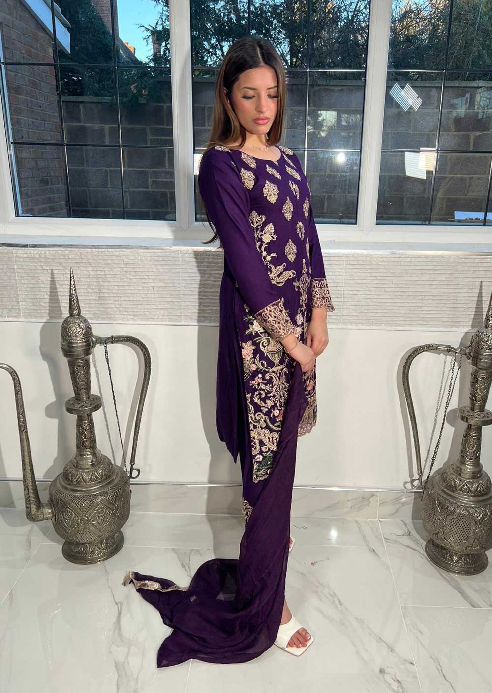 HK08 Readymade Purple Embroidered Linen Suit - Memsaab Online