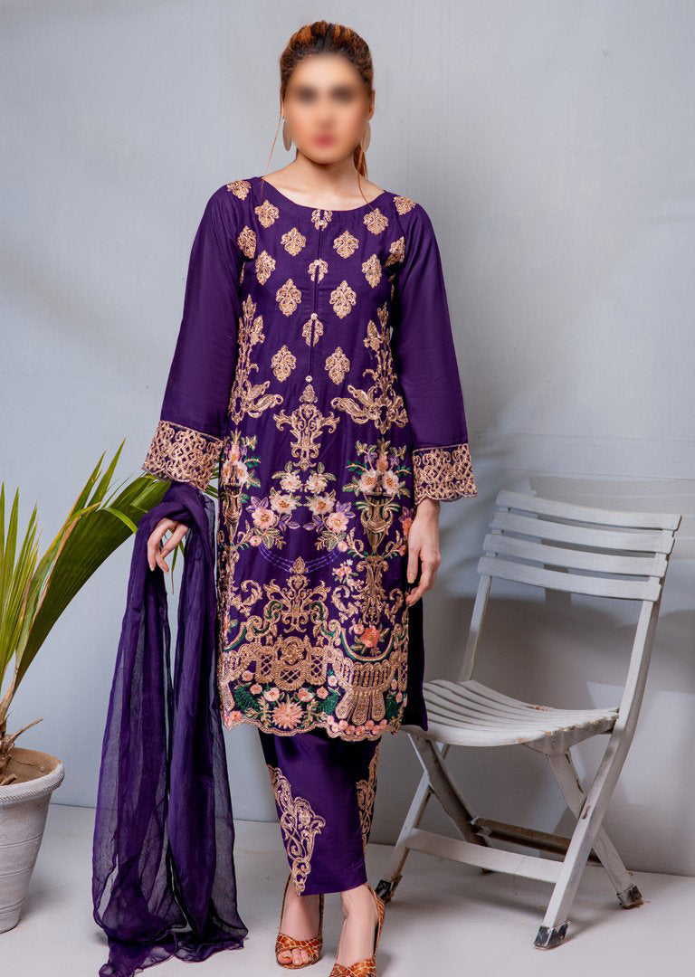 HK08 Readymade Purple Embroidered Linen Suit - Memsaab Online