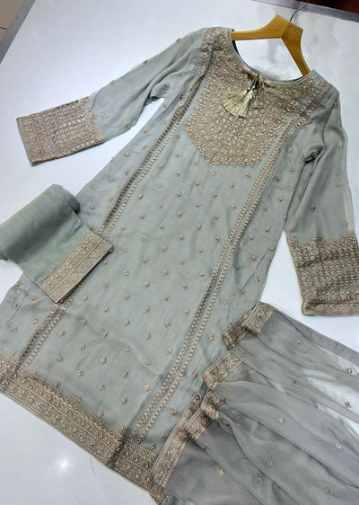 ZN9892 - Grey Readymade Embroidered Chiffon Suit - Memsaab Online